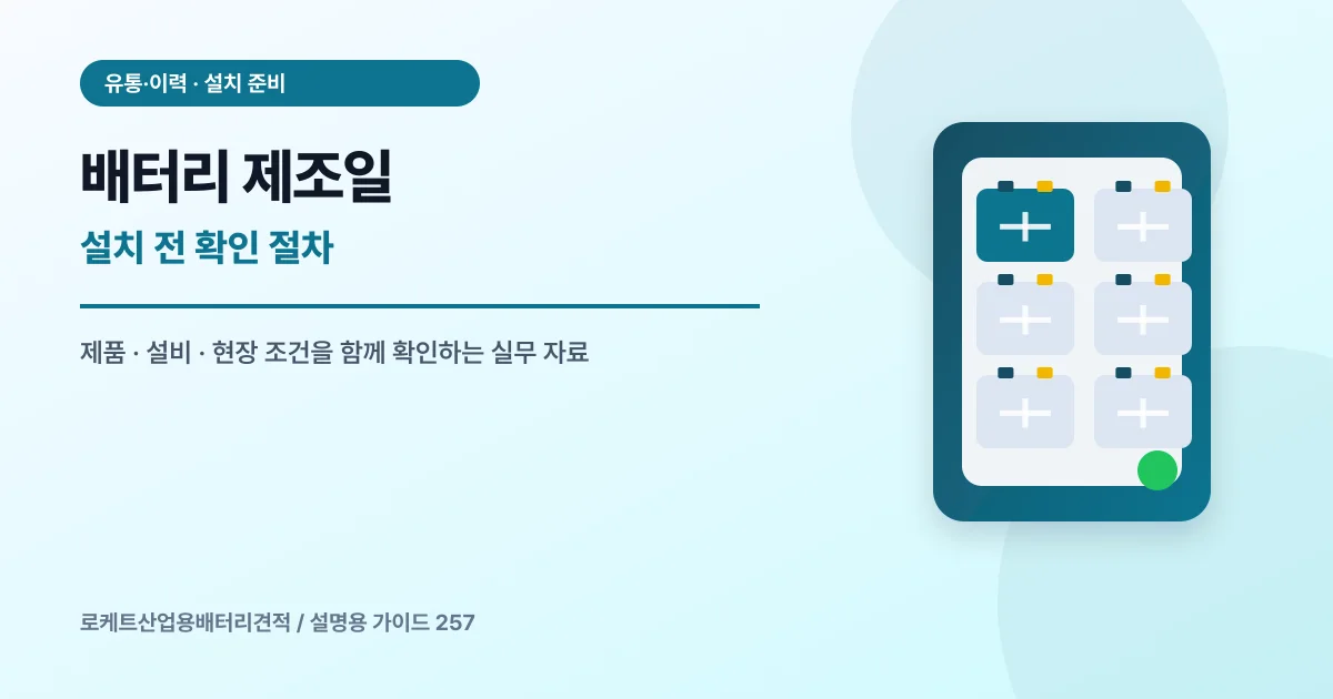 배터리 제조일 설치 전 확인 절차에서 확인할 제품, 설비, 점검 항목을 정리한 설명용 대표 이미지