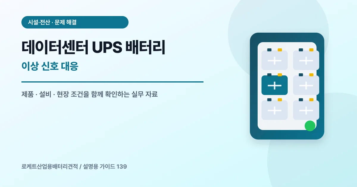 데이터센터 UPS 배터리 이상 신호 대응에서 확인할 제품, 설비, 점검 항목을 정리한 설명용 대표 이미지
