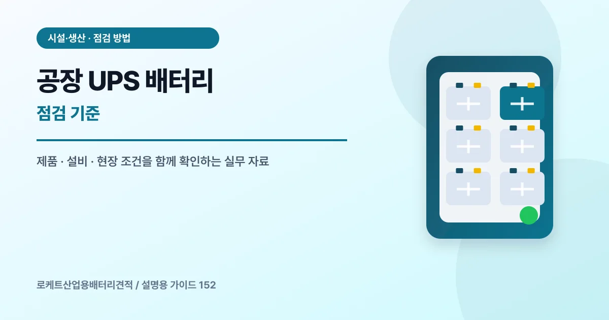 공장 UPS 배터리 점검 기준에서 확인할 제품, 설비, 점검 항목을 정리한 설명용 대표 이미지