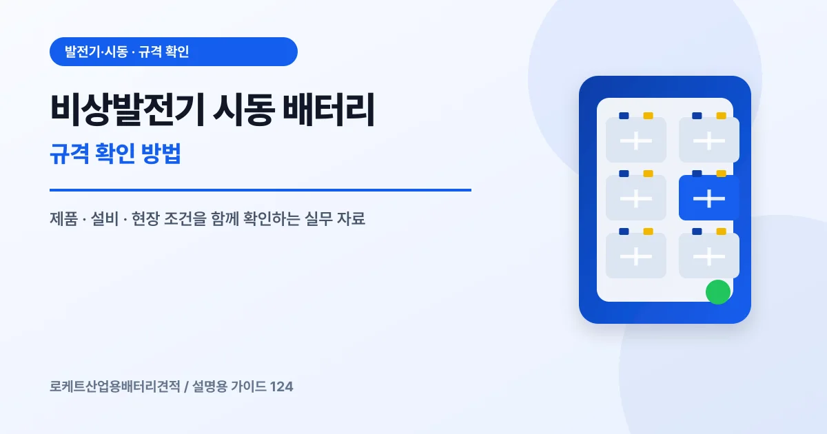 비상발전기 시동 배터리 규격 확인 방법에서 확인할 제품, 설비, 점검 항목을 정리한 설명용 대표 이미지