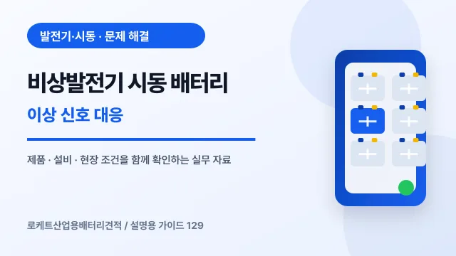 비상발전기 시동 배터리 이상 신호 대응에서 확인할 제품, 설비, 점검 항목을 정리한 설명용 대표 이미지