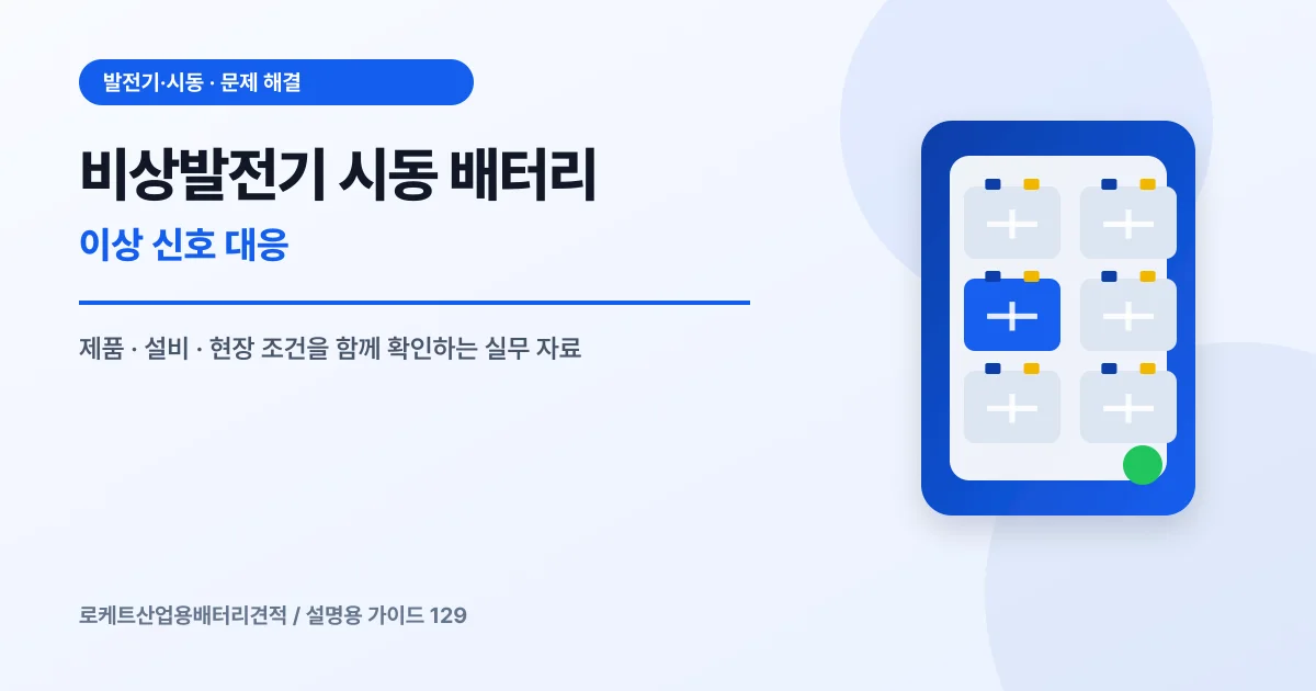 비상발전기 시동 배터리 이상 신호 대응에서 확인할 제품, 설비, 점검 항목을 정리한 설명용 대표 이미지